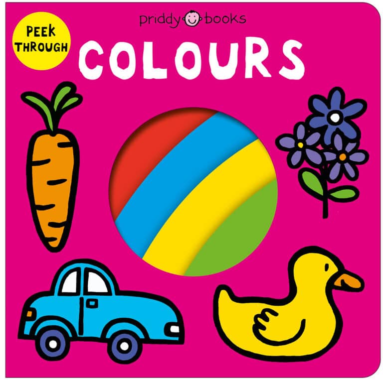 Colorful children's book cover with a carrot, blue car, yellow duck, flowers, and a rainbow circle.