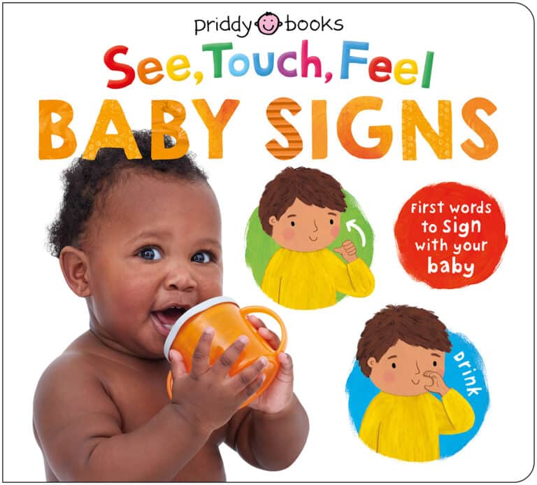 A baby holding an orange cup with illustrations teaching baby signs for "milk" and "drink.