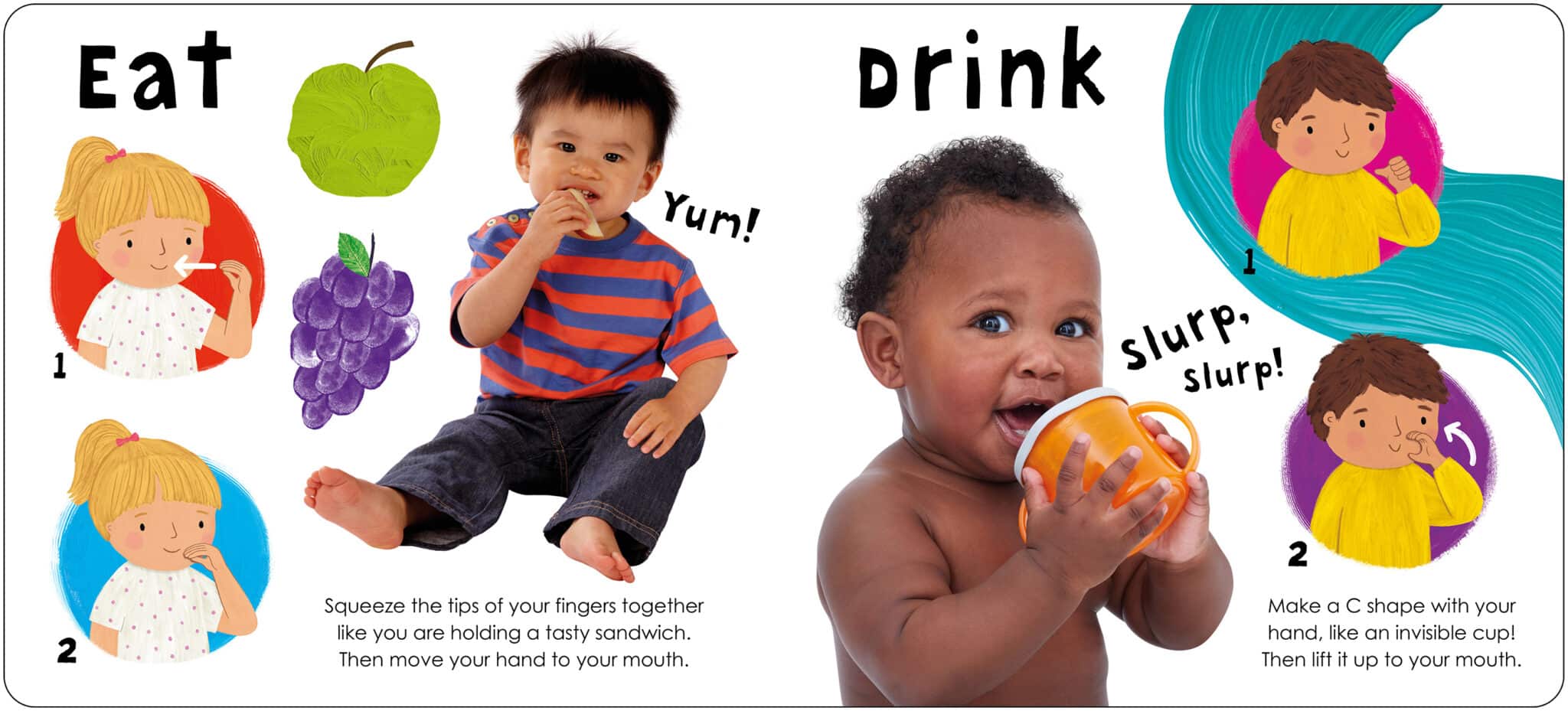 STF_Baby Signs_Spread 1_LR A baby eats grapes and another drinks from a cup, with illustrated instructions for eating and drinking.