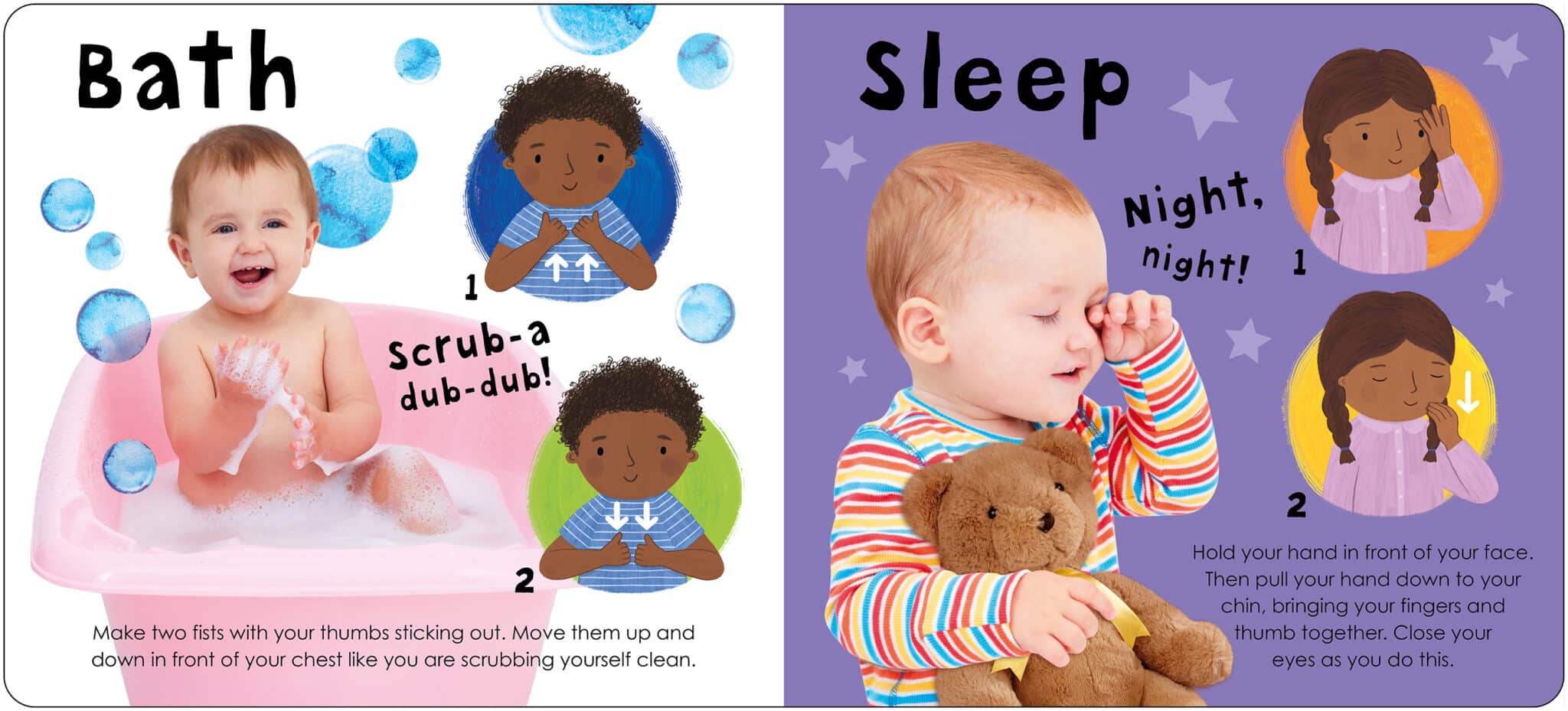STF_Baby Signs_Spread 2_LR Left: Baby in bath with bubbles. Right: Child hugging teddy bear, rubbing eyes, "Sleep" written above.