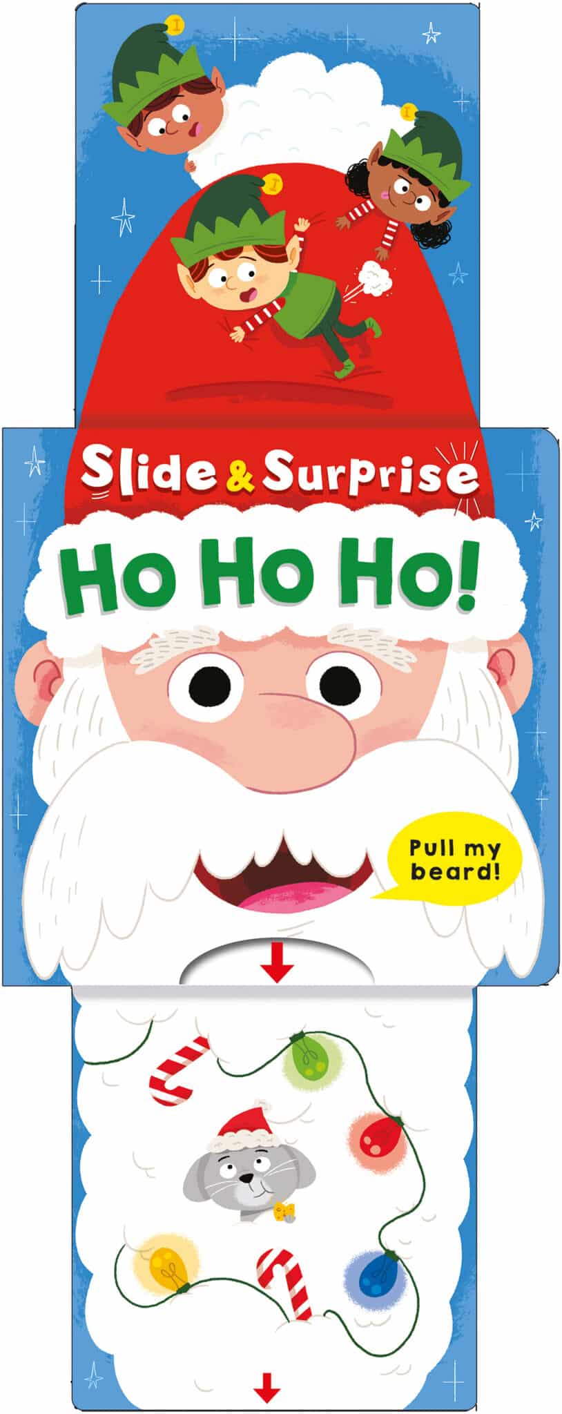 Slide and Surprise ho Ho Ho Cover Open_LR Santa with elves on his hat, "Ho Ho Ho!" text, and a pull tab revealing a kitten among Christmas ornaments.