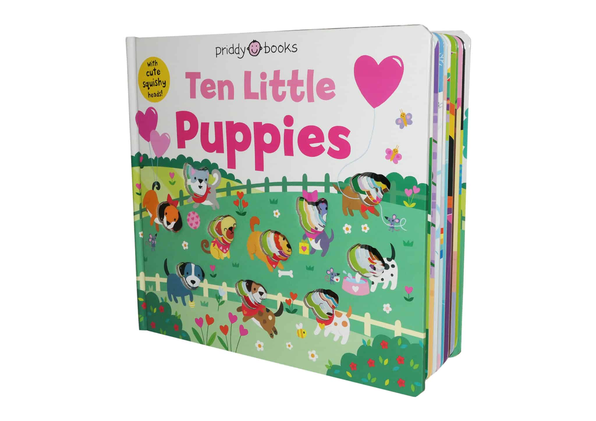 TEN LITTLE PUPPIES A colorful children's book titled "Ten Little Puppies" with cartoon puppies on a green grassy background.