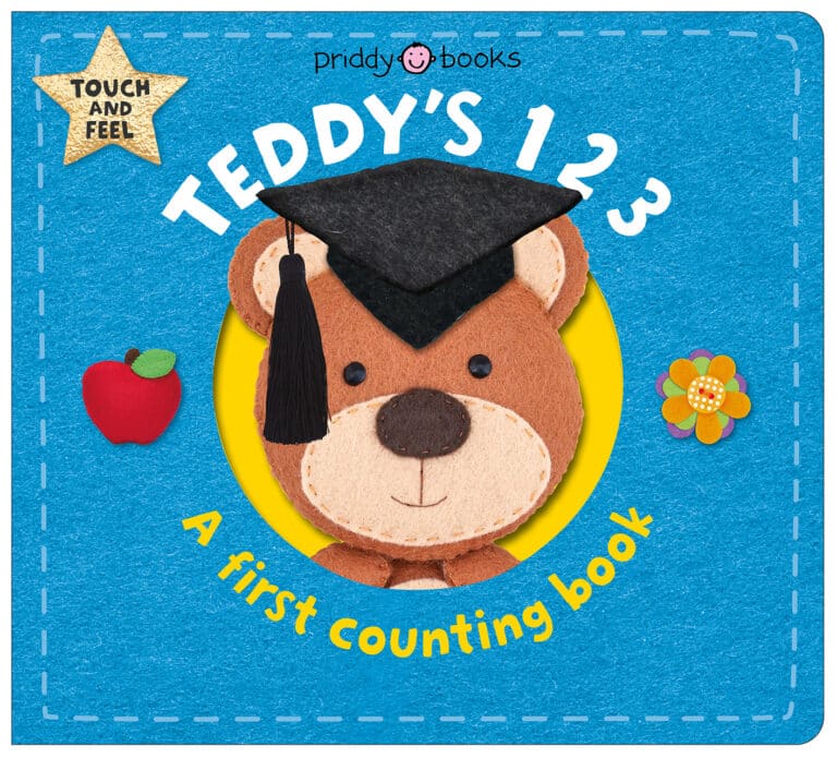 A felt teddy bear in a graduation cap on the cover of a counting book titled "Teddy's 123.