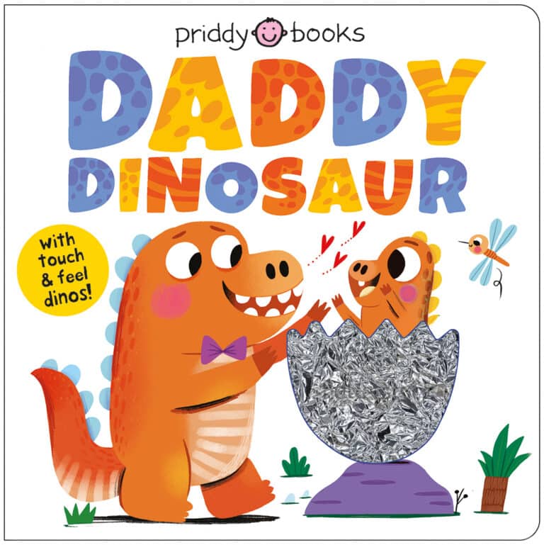 Illustration of a dinosaur dad greeting a baby hatching from an egg, with colorful "Daddy Dinosaur" text above.