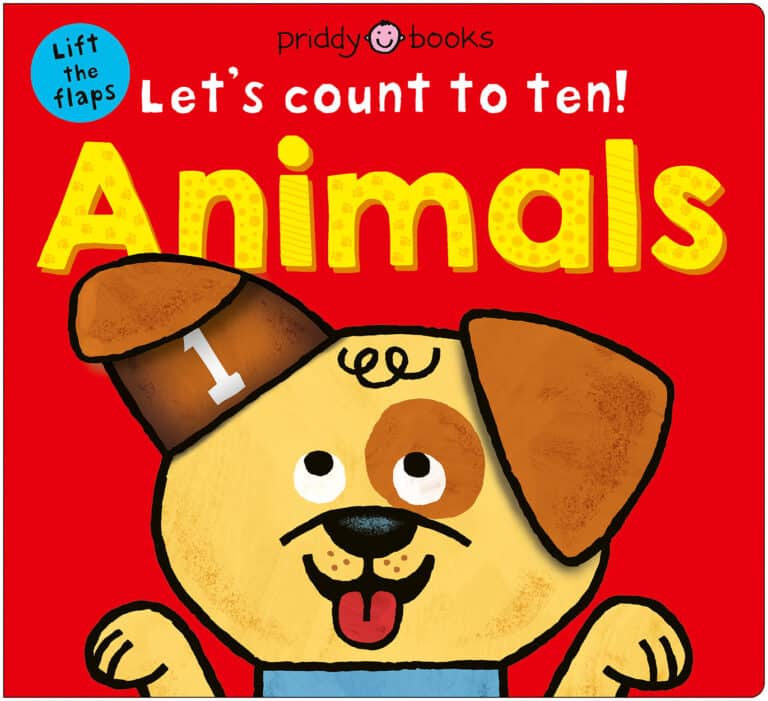 Illustrated dog lifting an ear with the number 1, on a bright red "Let's count to ten! Animals" book cover.