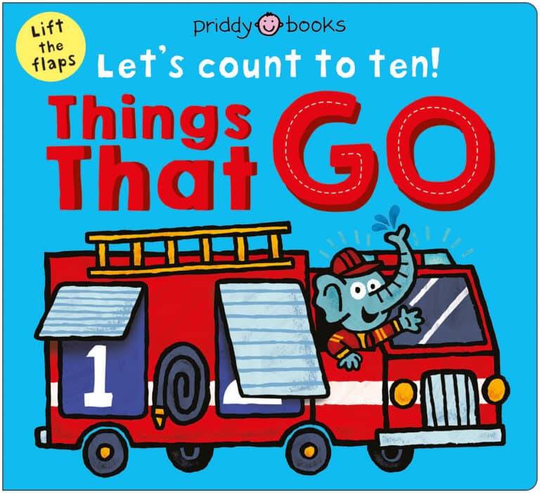 A cartoon elephant drives a red fire truck on a blue book cover titled "Things That Go.