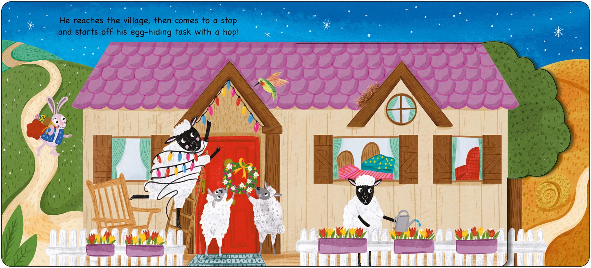 NightNight_EasterBunny_Spread 2_Closed_LR A sheep hops to a village house with flowers, while other sheep and a rabbit prepare for an egg hunt.