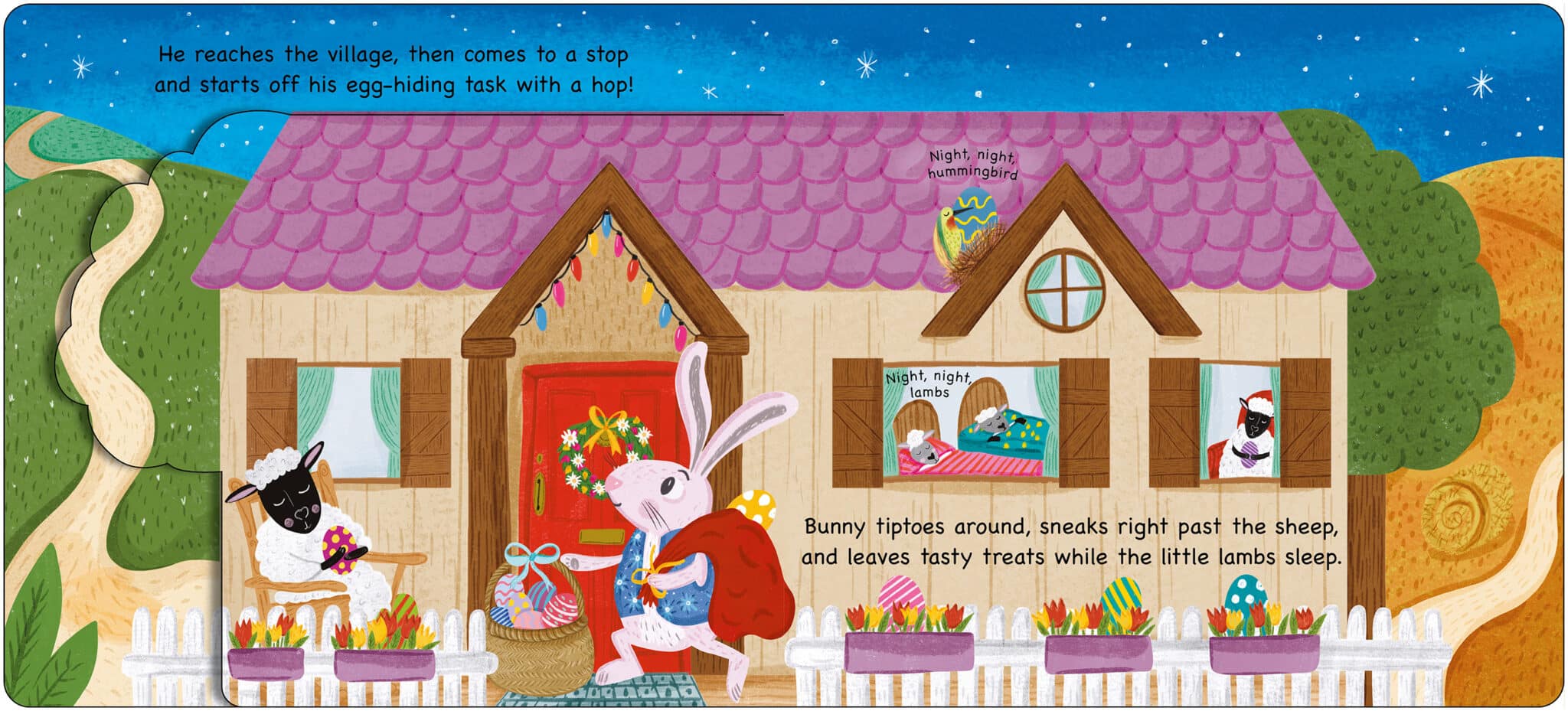 NightNight_EasterBunny_Spread 2_Open_LR A bunny in a cape hides eggs outside a house as sheep and lambs sleep in the windows and yard.