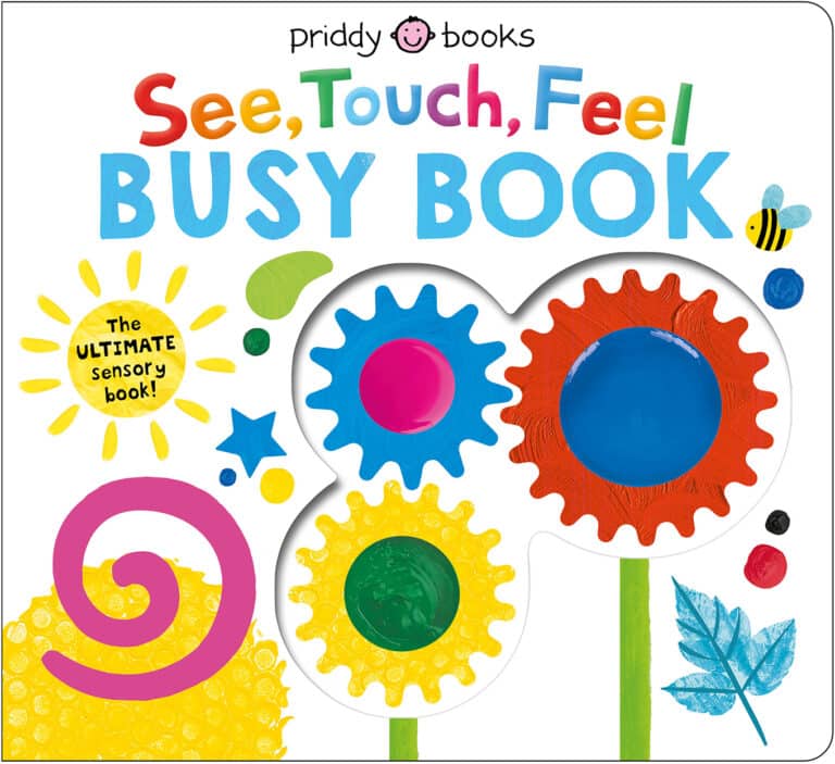 Colorful "See, Touch, Feel Busy Book" cover with textured gears, a bee, spiral, and leaf illustrations.