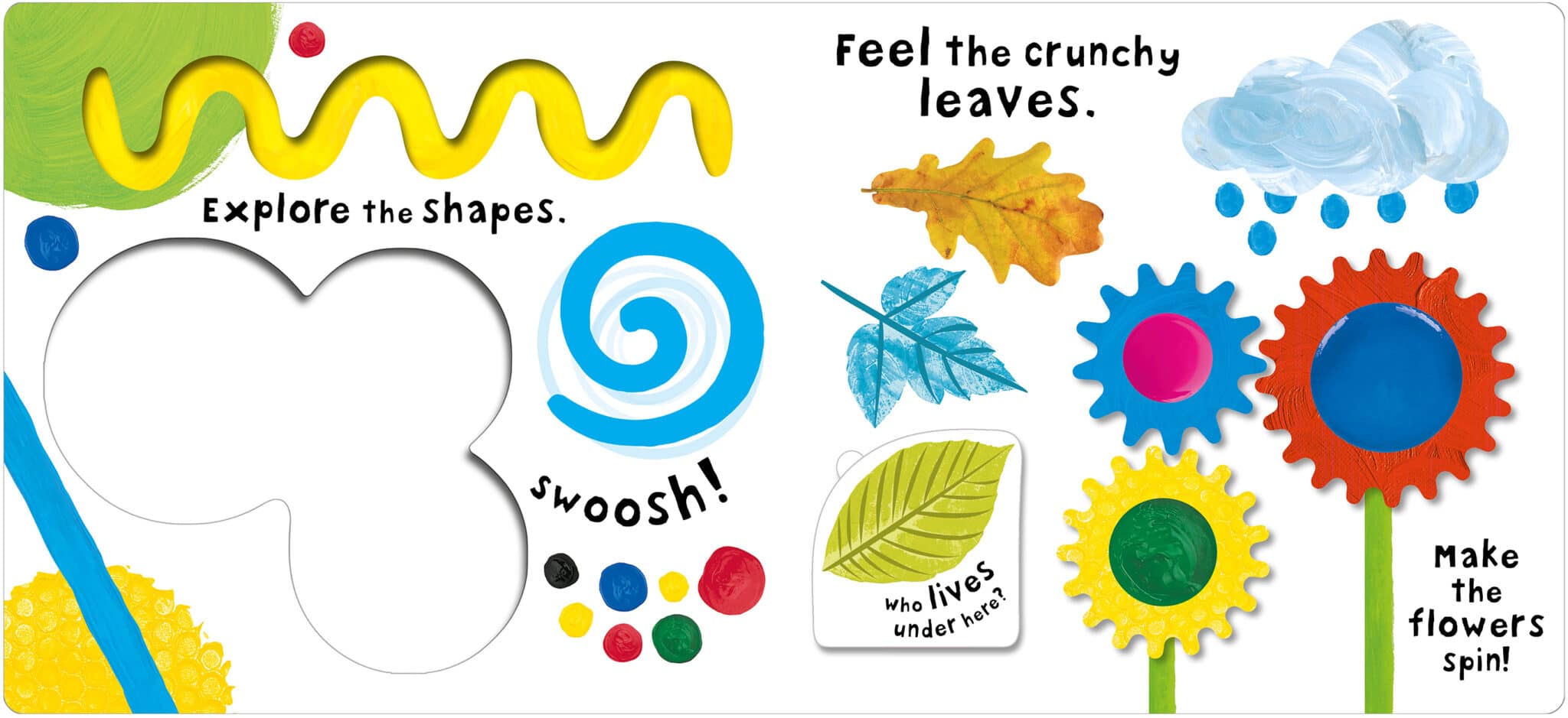 STF_Busy Book_S1_LR Colorful shapes, leaves, clouds, and spinning flowers with playful text on a children's activity page.