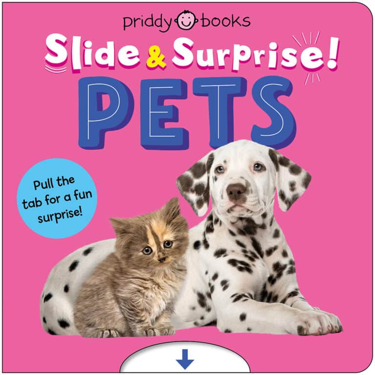 Book cover with a kitten and Dalmatian puppy on a pink background, titled "Slide & Surprise! PETS.