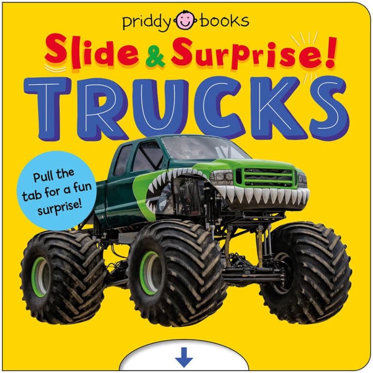 A green monster truck with sharp teeth painted on the front, on a bright yellow children's book cover.