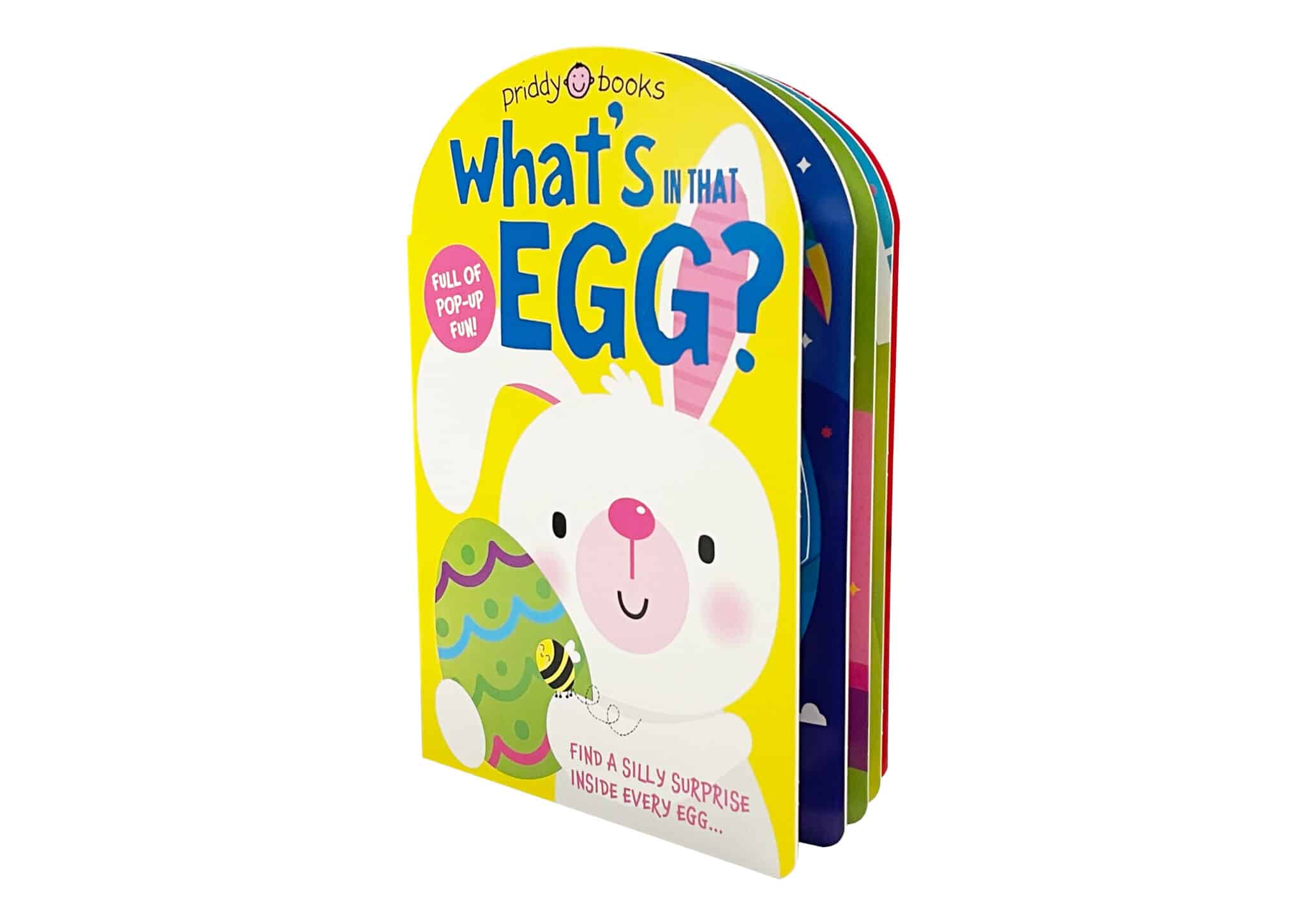 What's in that Egg? Colorful childrenโs book with a bunny holding an Easter egg on the cover, titled โWhatโs in that egg?โ.