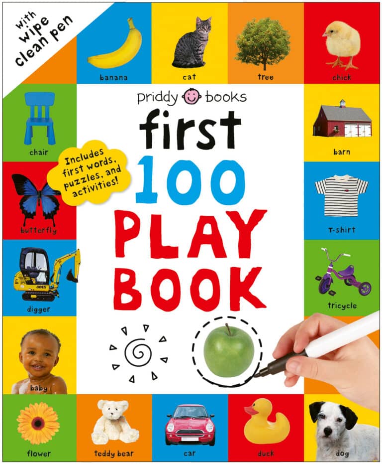 Colorful children's book cover with images of objects, animals, and words, titled "First 100 Play Book.