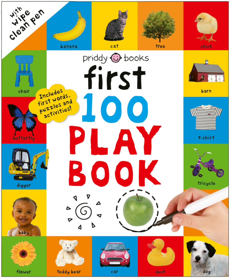 Colorful children's book cover with photos of common objects, animals, and a hand drawing a green apple with a pen.