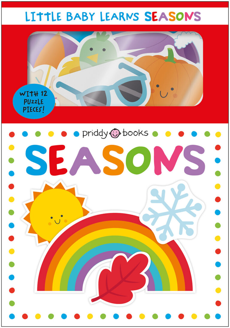 Colorful children's book cover with sun, snowflake, rainbow, and leaf, titled "Seasons" by Priddy Books.