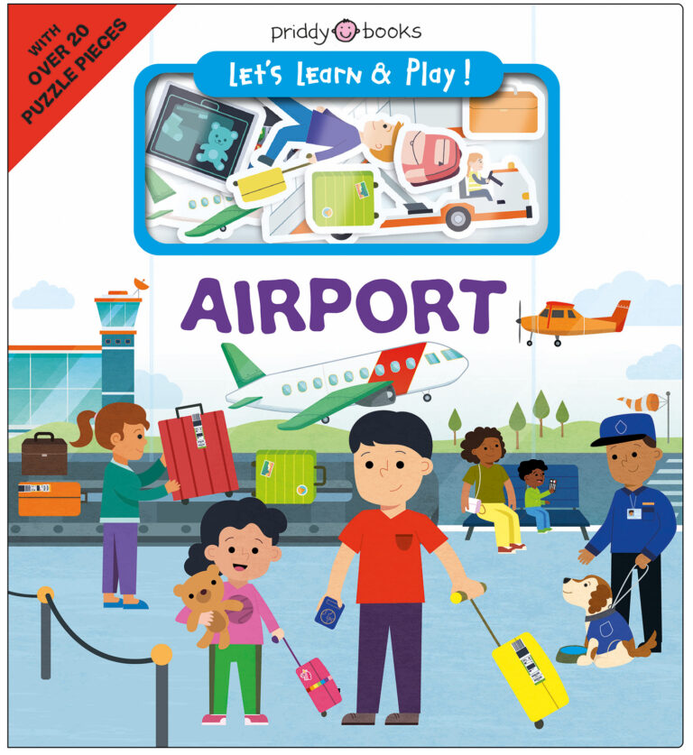 Illustrated children’s book cover titled “Airport,” showing people, luggage, an airplane, and airport staff.