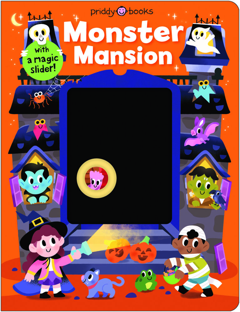 Colorful "Monster Mansion" book cover with cartoon monsters, pumpkins, and kids in costumes, featuring a magic slider.