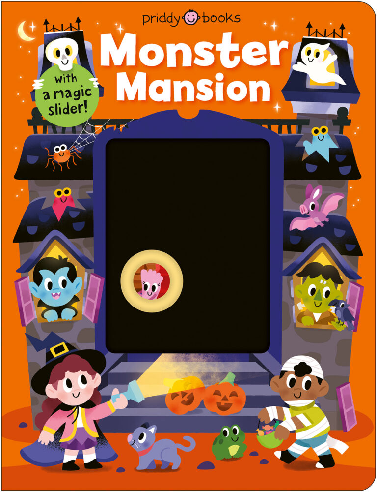Colorful "Monster Mansion" book cover with playful monsters, two kids, pumpkins, and a magic slider window.