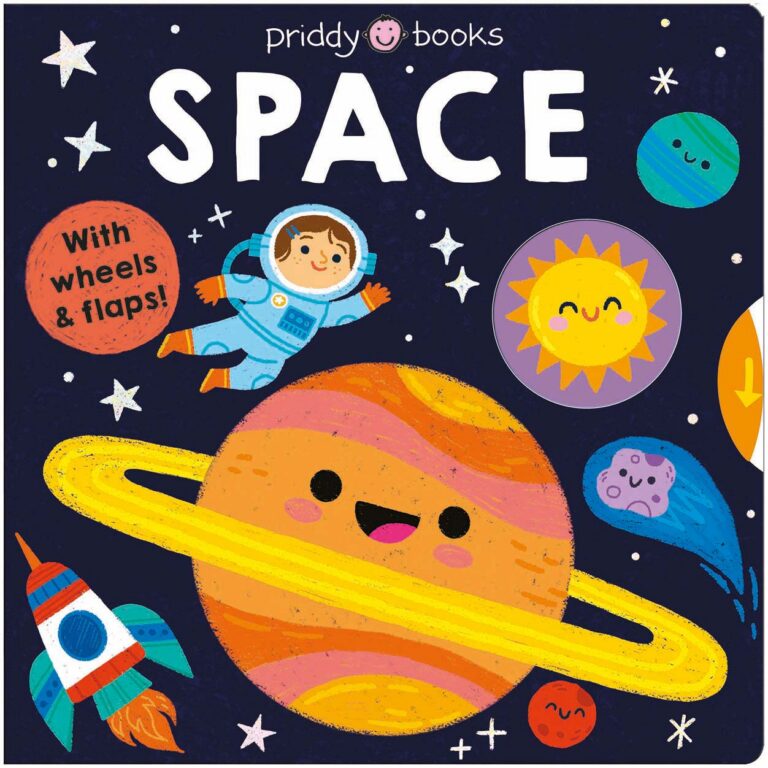 Colorful, cartoon-style book cover of "SPACE" with planets, a rocket, and an astronaut.