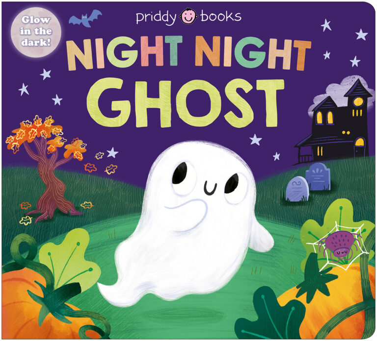 A cute ghost waves among pumpkins, gravestones, and a spooky house under a starry night sky.