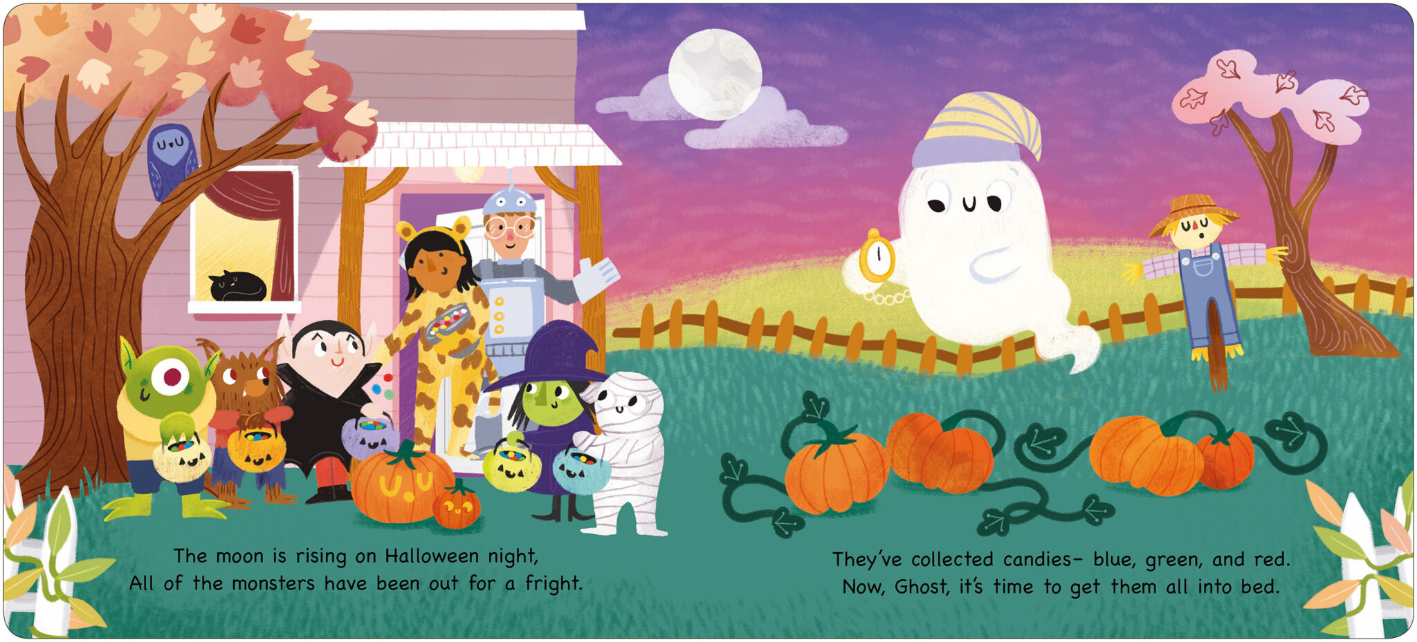 NightNightGhost_US_Spread 1_LR A group of children in Halloween costumes gather near a house at night with a friendly ghost and pumpkins nearby.