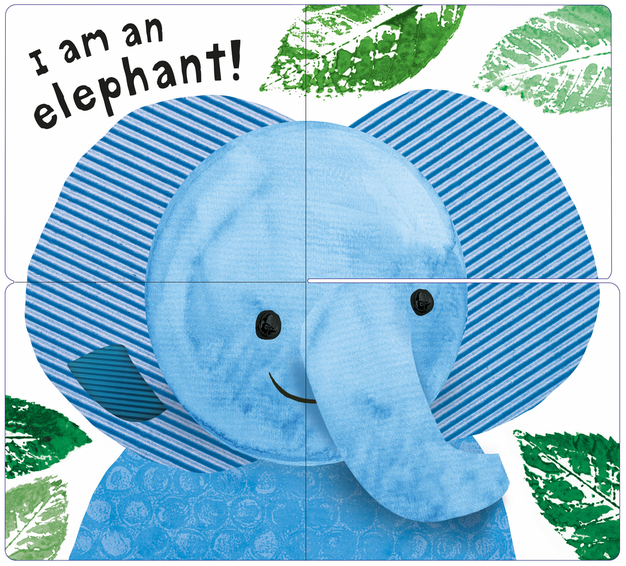 STF Guess Who_Spread_1_Full OpenLR Illustration of a smiling blue elephant with striped ears and green leaves, text reads "I am an elephant!.