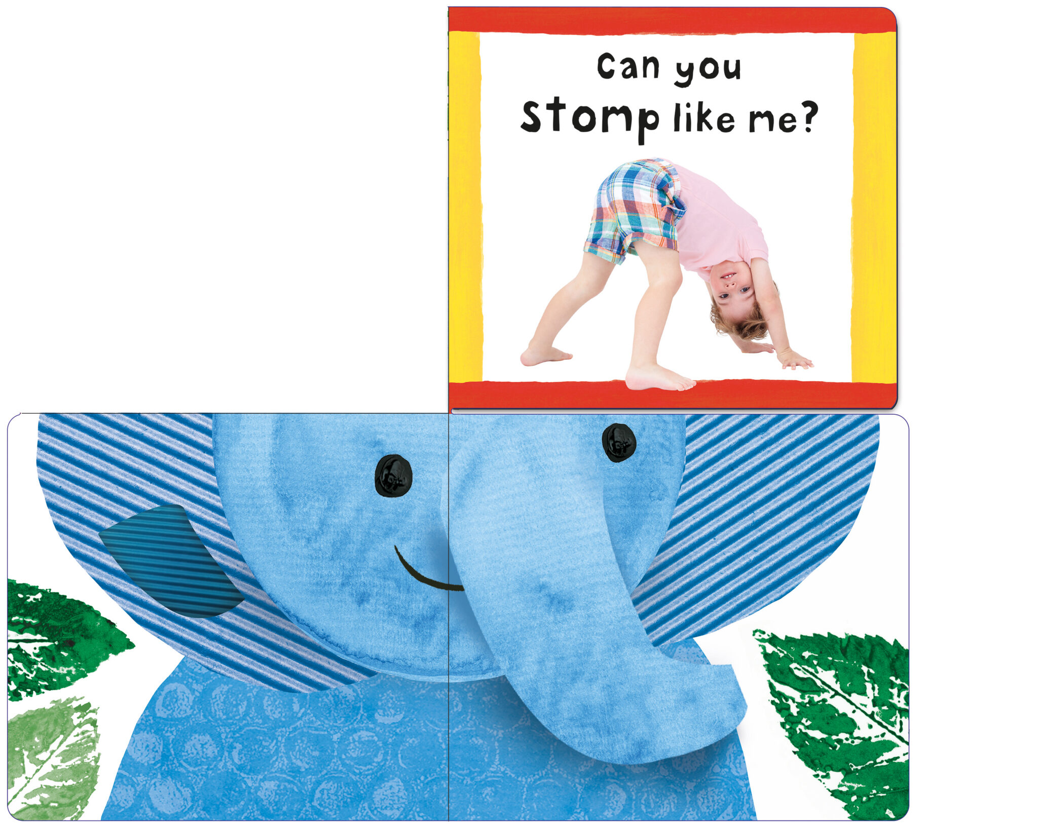 STF Guess Who_Spread_1_Open_LR A child bends over like an elephant; "Can you stomp like me?" is written above an illustrated blue elephant.