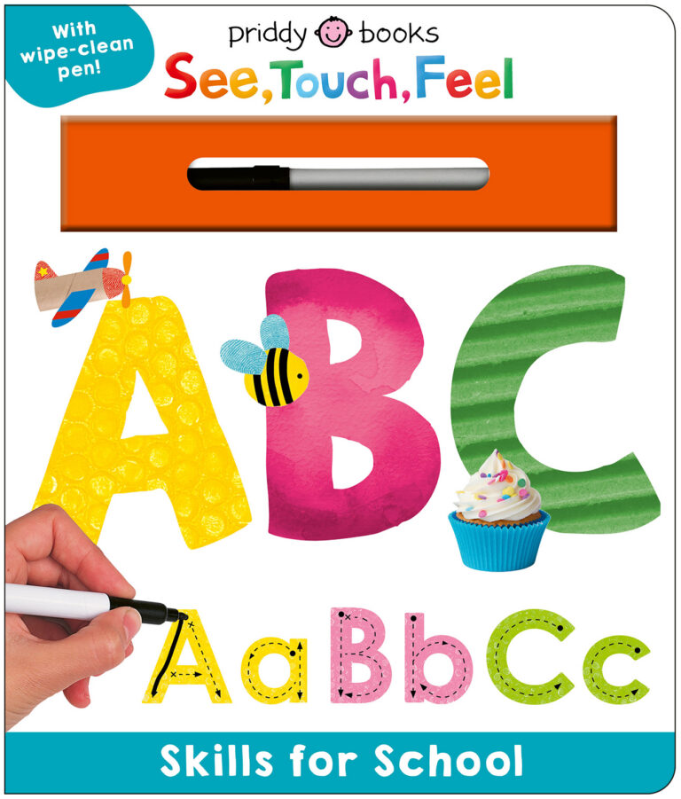 Colorful "ABC" letters with textures, a wipe-clean pen, and a hand writing on a "Skills for School" book cover.
