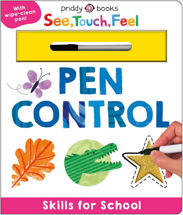Children's pen control activity book cover with a marker, leaf, alligator, star, and butterfly illustrations.