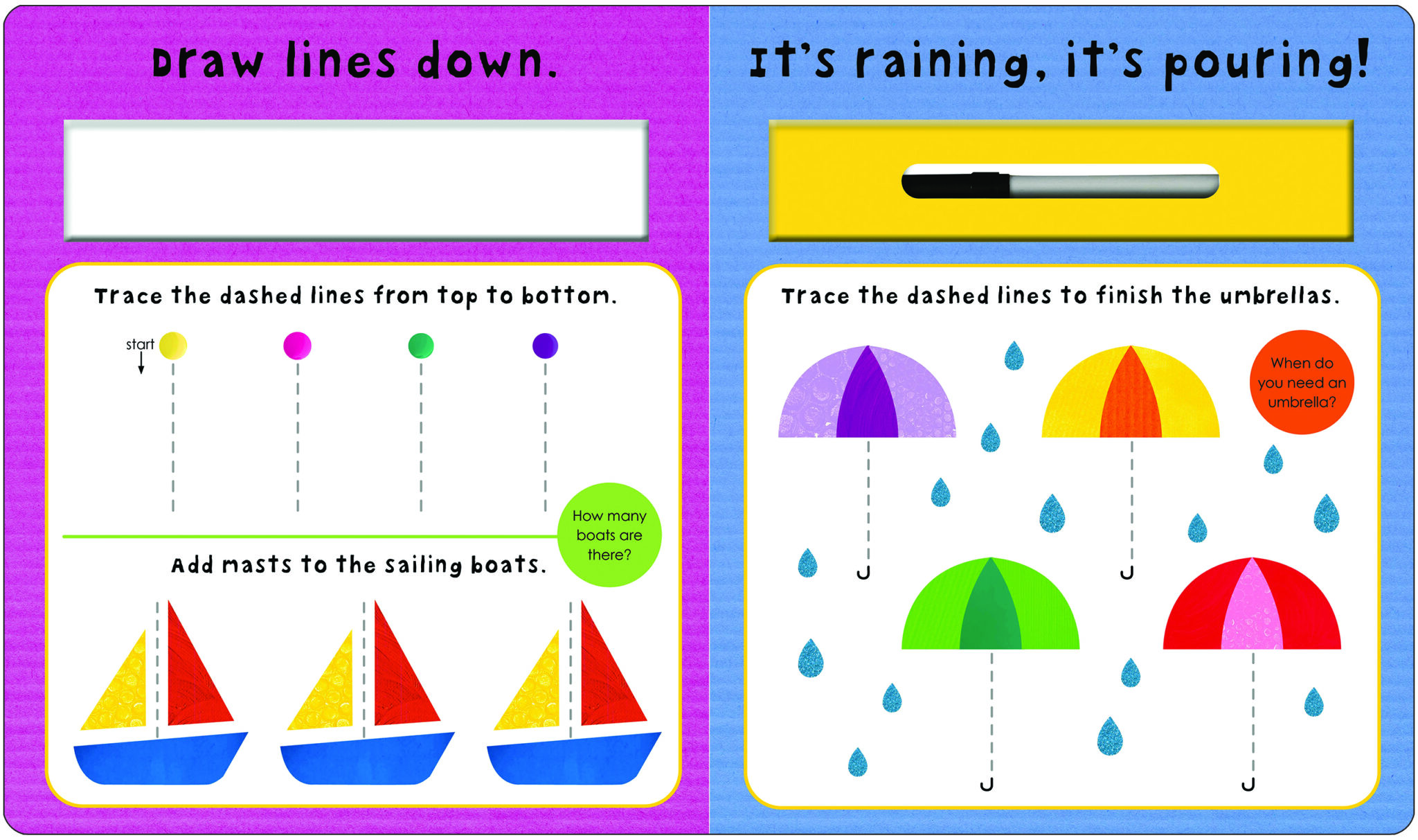 STF Skills for School_Pen Control_S2 Two activity pages for kids: tracing lines on colored dots, boats, and umbrellas, with rain and a marker on top.