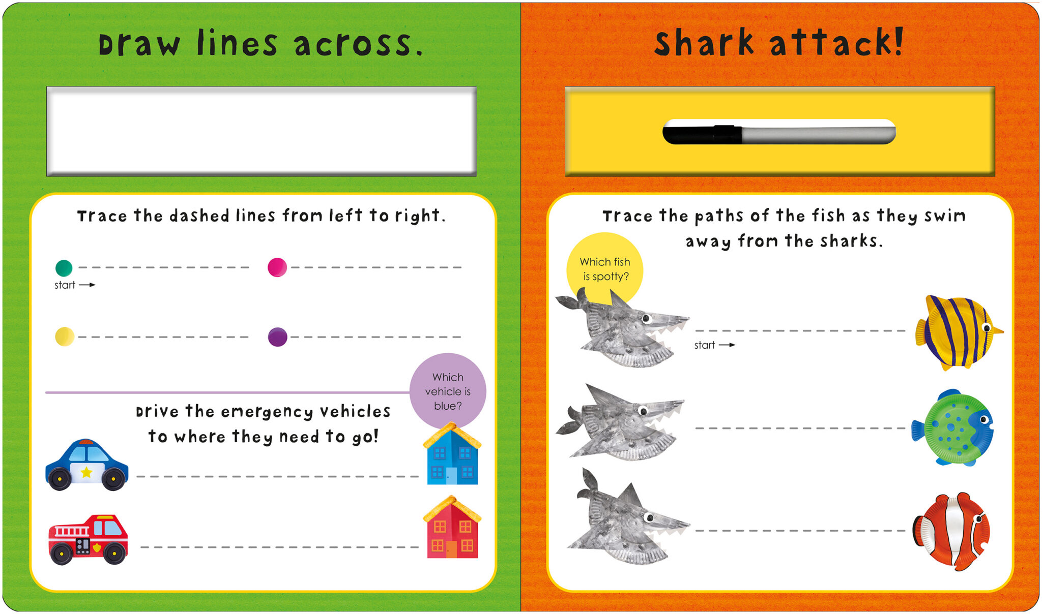 STF Skills for School_Pen Control_S2_LR Colorful activity book pages with tracing and drawing activities featuring vehicles, fish, and sharks.