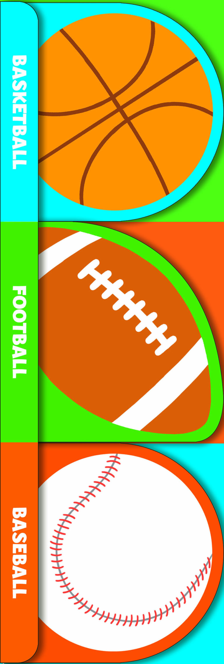 Illustration of basketball, football, and baseball with colorful labels on the left side.