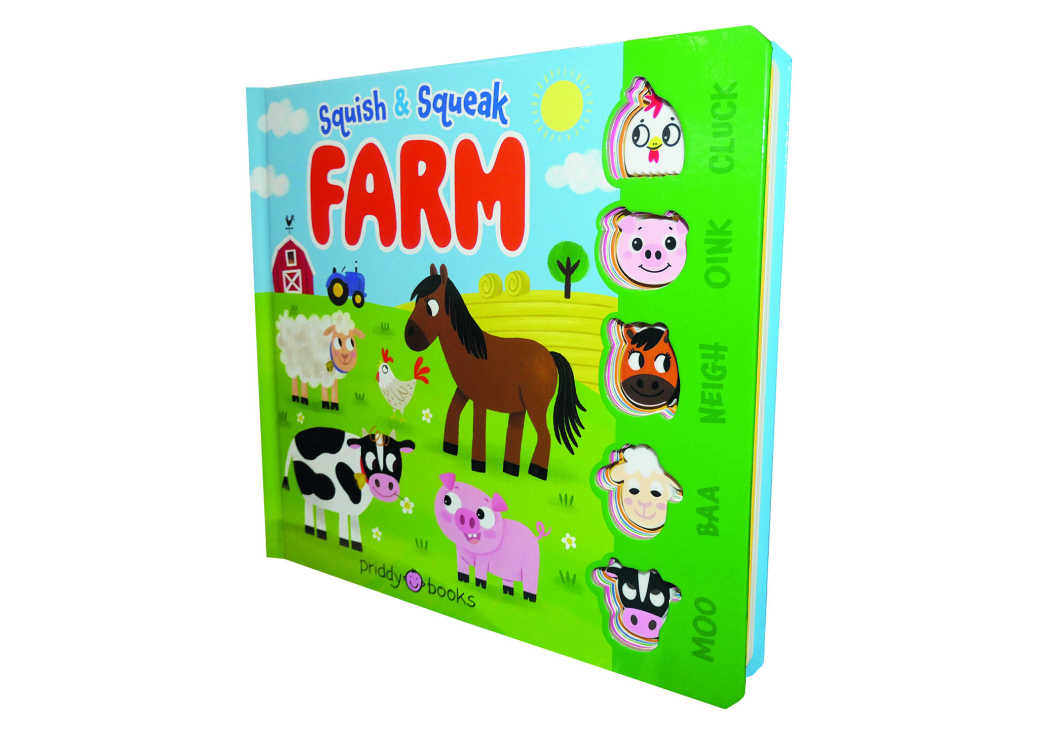 Squish & Squeak Farm Childrenโs book titled "Squish & Squeak Farm" with cartoon farm animals and sound buttons on the cover.