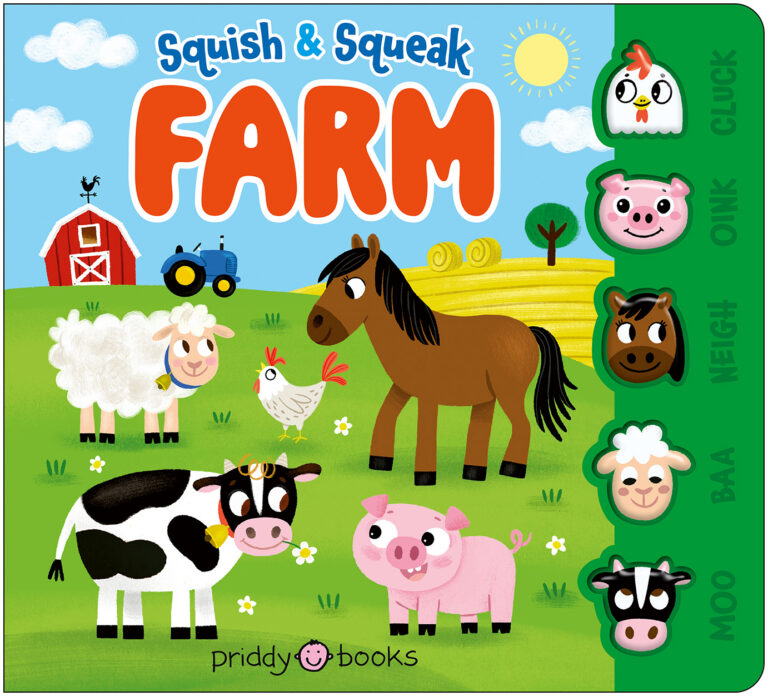 Children’s farm book cover with cartoon animals, tractor, barn, and animal sound tabs on the right side.