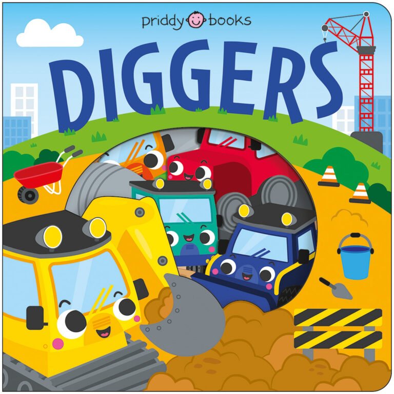 Colorful cartoon diggers with smiling faces digging on a construction site, with buildings and a crane in the background.