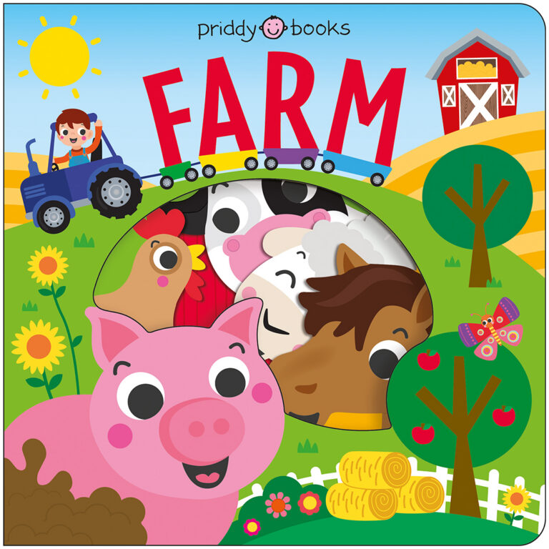 Colorful children’s book cover with cartoon farm animals, a tractor, barn, trees, and the title “FARM.”.