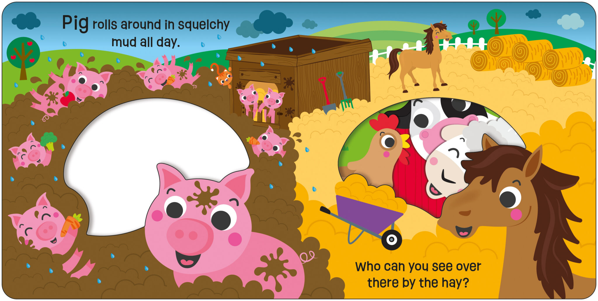 Take a Peek_Farm_Spread 1 Cartoon pig rolling in muddy puddle, with other farm animals near hay and a barn in a colorful farm scene.