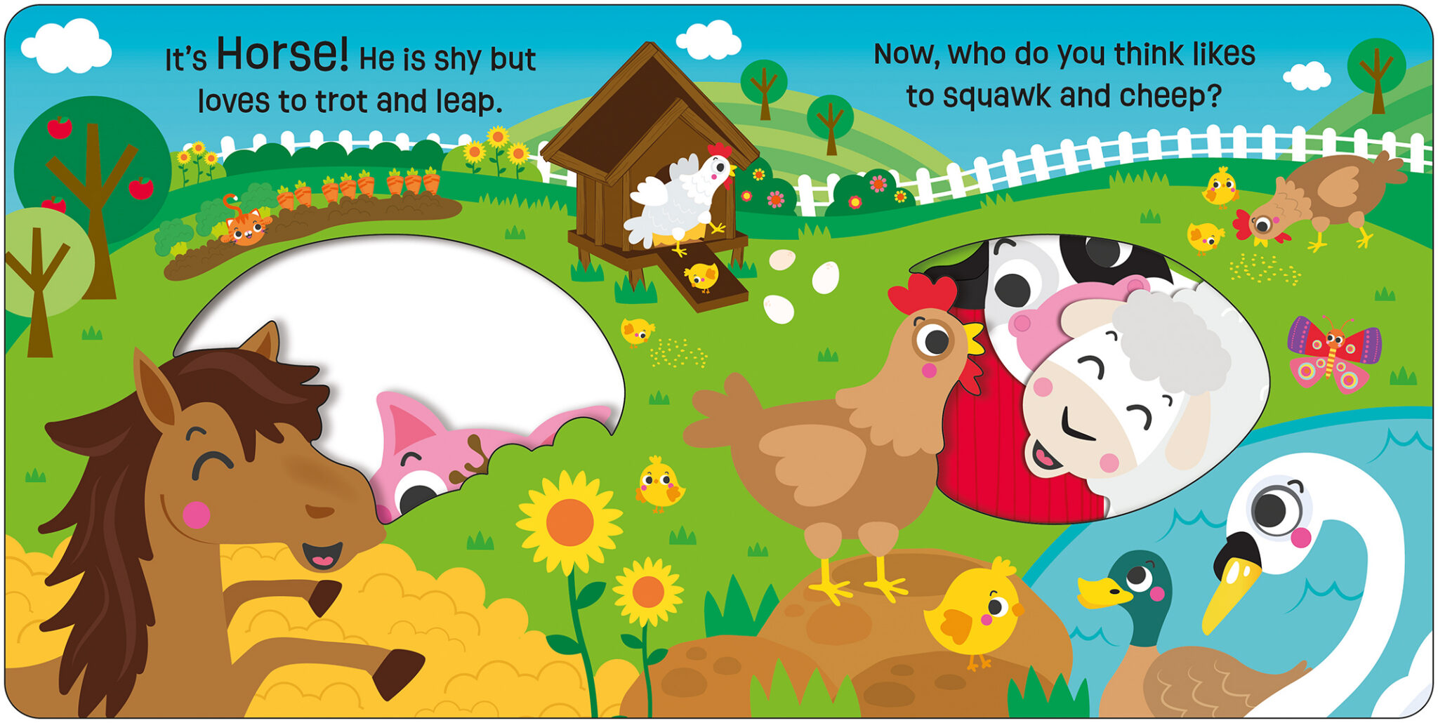 Take a Peek_Farm_Spread 2_LR Cartoon farm scene with a happy horse, pig, chickens, ducks, lamb, and flowers in bright colors.