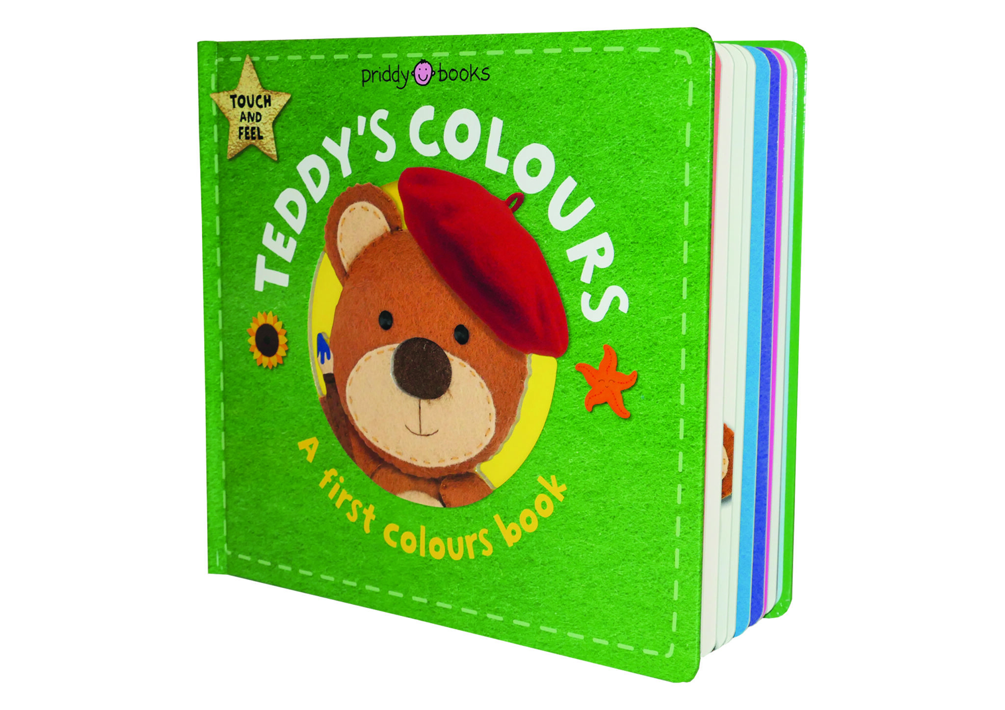 Teddy's Colours Green board book titled "Teddyโs Colours" with an illustrated teddy bear wearing a red beret on the cover.