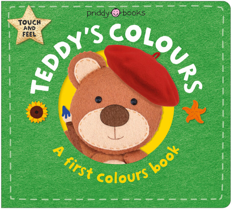 A green book cover with a teddy bear in a red beret, titled "Teddy's Colours: A first colours book.