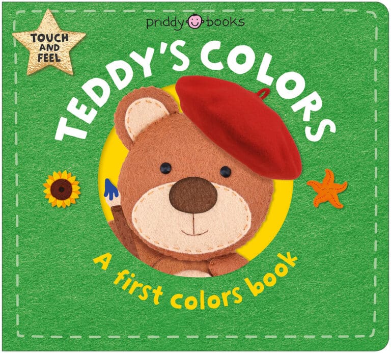A green children's book cover with a teddy bear in a red beret and the title "Teddy's Colors: A first colors book.