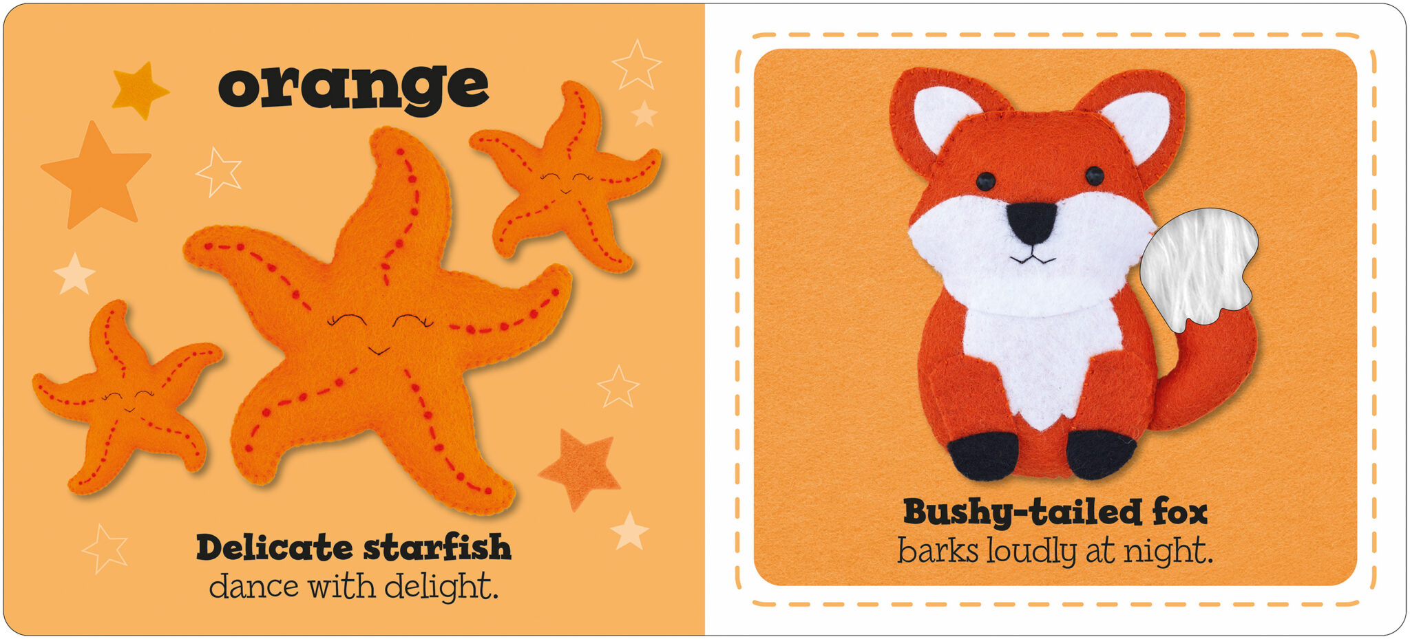 TeddysColours_Spread2_LR Three orange starfish on the left; a plush orange fox with a white tail on the right; orange background.