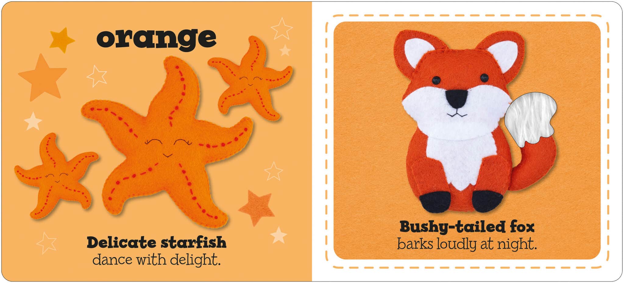 TeddysColours_Spread2_LR Three orange felt starfish and an orange felt fox with a white tail on an orange background.