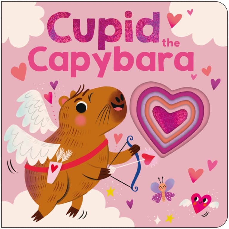 Illustration of a winged capybara with a bow, hearts, and the text “Cupid the Capybara” on a pink background.