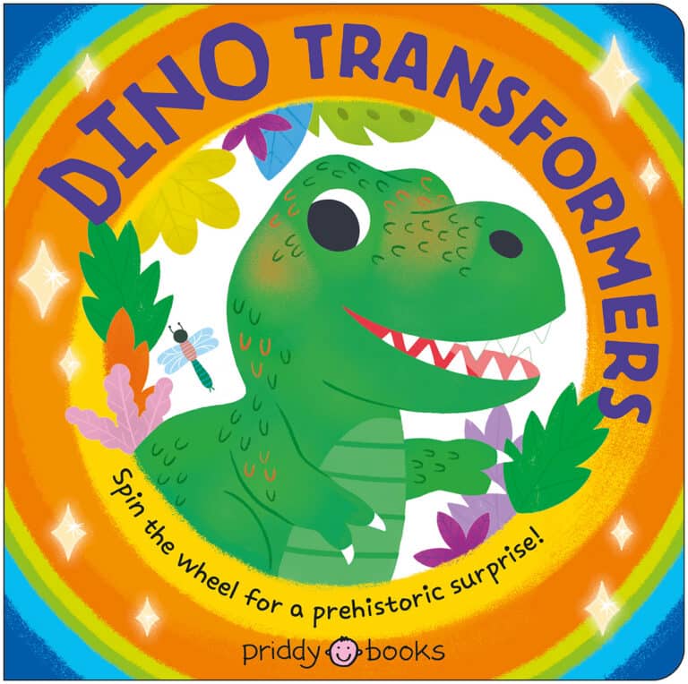 Illustrated green dinosaur smiling, surrounded by colorful leaves. Text reads “DINO TRANSFORMERS” above.