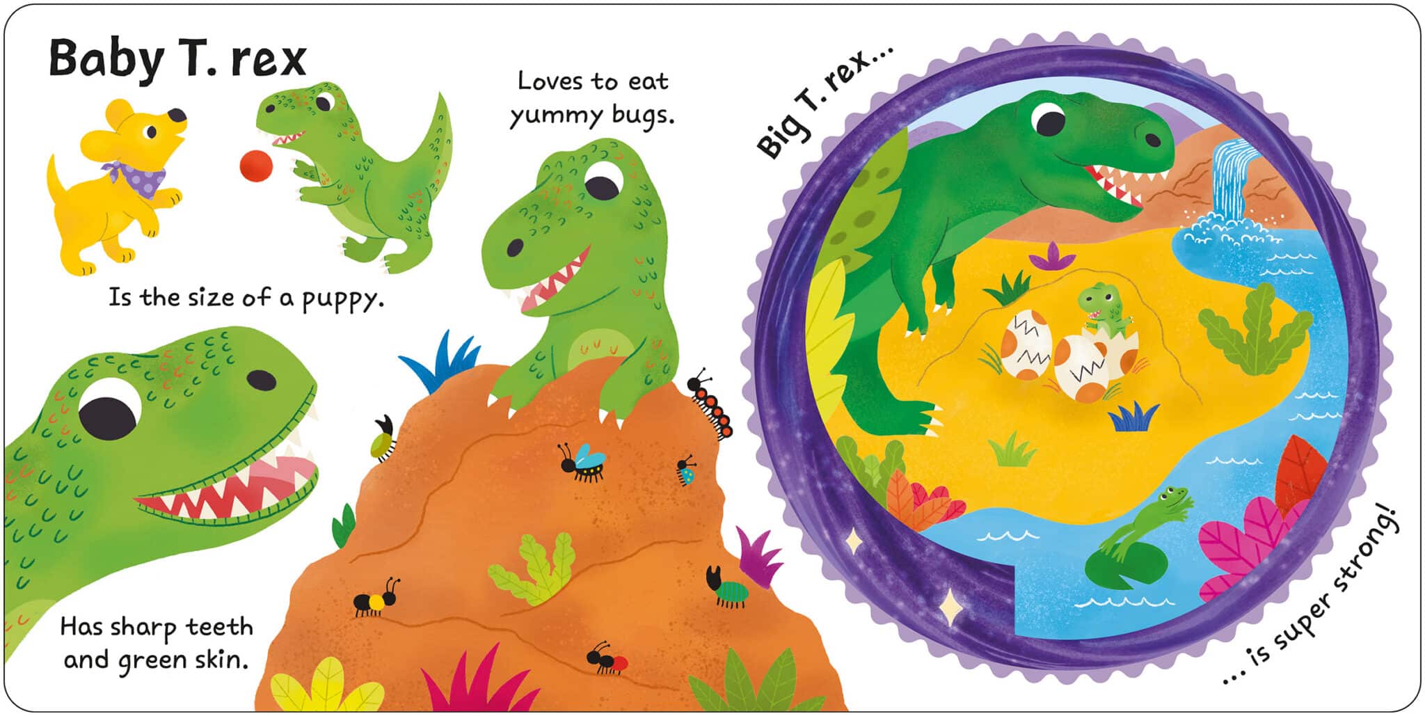 DinoTransformers_Spread 1_LR Cartoon baby T. rex with green skin, playing, eating bugs, and next to a puppy, on a colorful landscape.