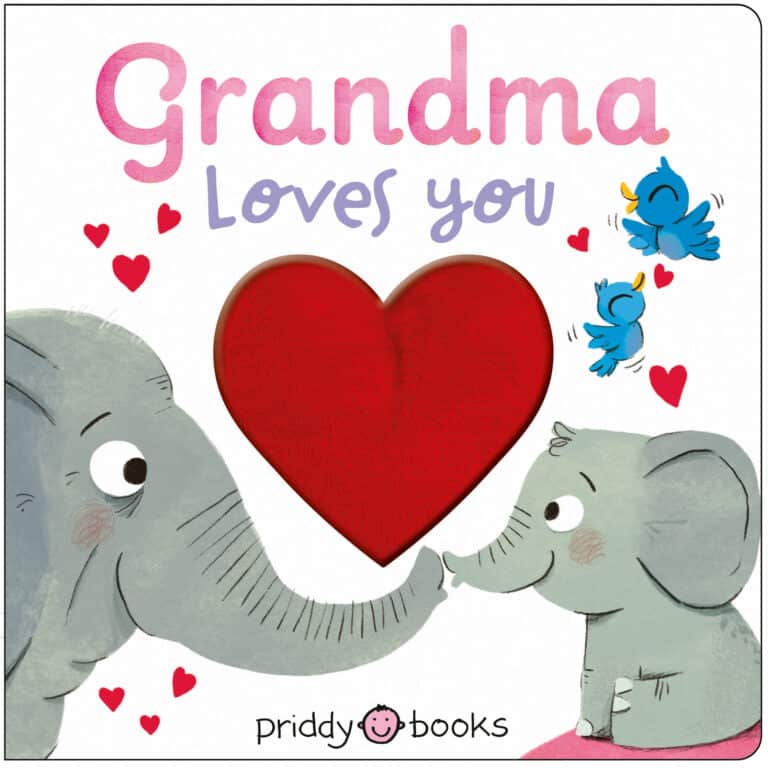Two elephants touching trunks, red heart, blue birds, and text “Grandma Loves You” on a book cover.
