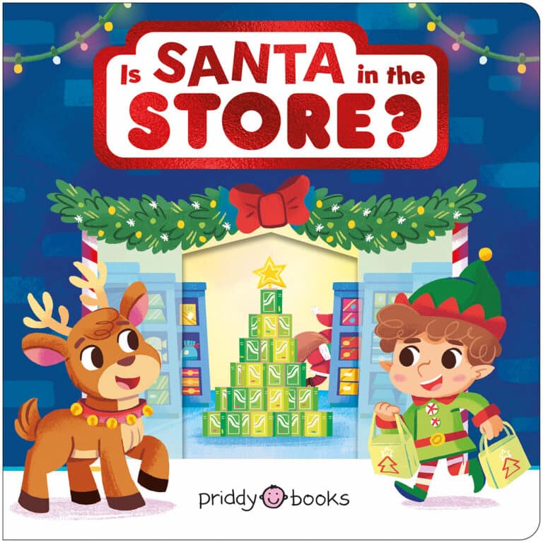 A smiling reindeer and elf stand in front of a Christmas tree made of boxes inside a festive store.