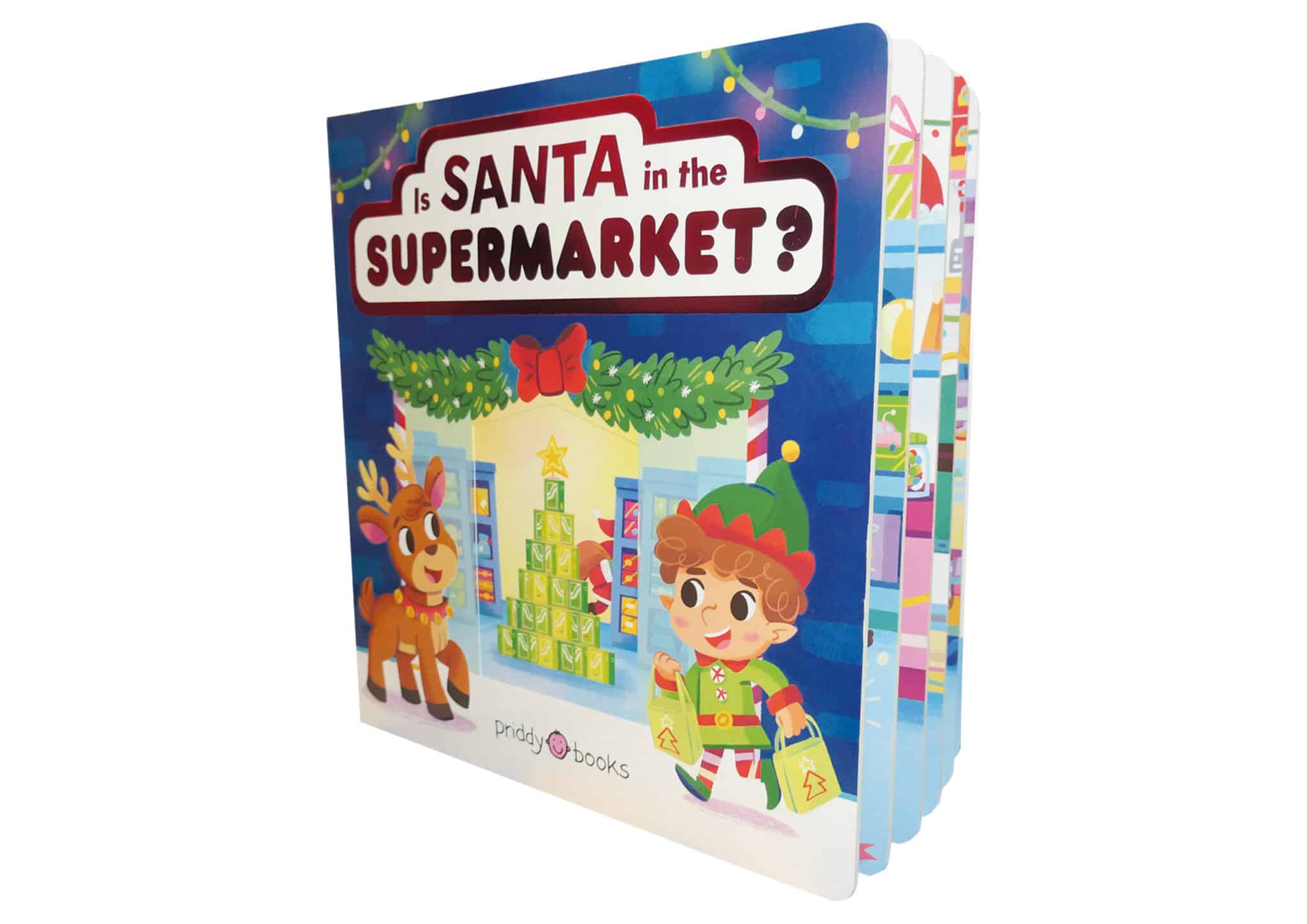 Is Santa in the Supermarket? Children’s book titled “Is Santa in the Supermarket?” with festive illustrations of an elf and a reindeer.